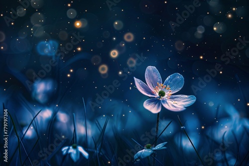 A painting depicting a vibrant flower illuminated in the darkness of the night