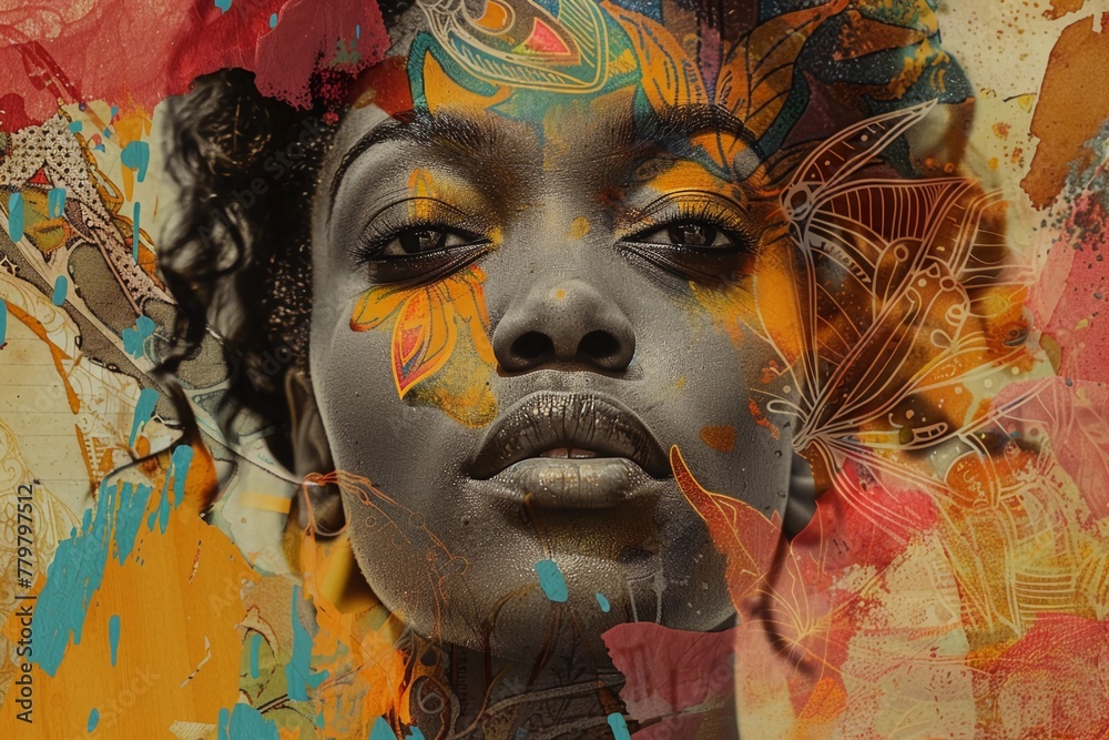 Abstract Art Nouveau Collage with Portrait of Black Woman With Vivid Color Splashes And Tribal Patterns. Boldness, Diversity, and Cultural Identity. AI Generated