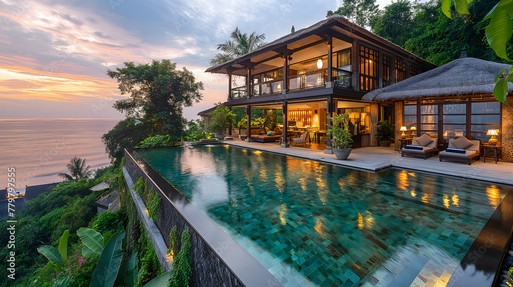 Luxury villa with swimming pool at sunset, Thailand.