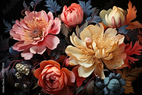 Exquisite Floral Display  Coral  Peach  and Cream Peonies with Deep Red Foliage on Black Background