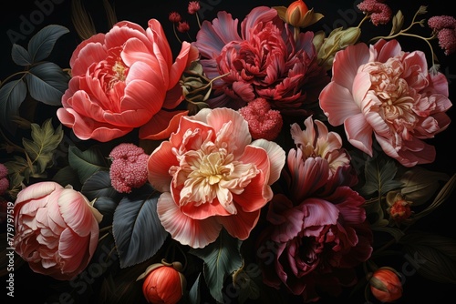 Exquisite Floral Display: Coral, Peach, and Cream Peonies with Deep Red Foliage on Black Background
