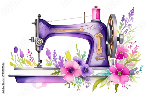 Watercolor drawing of a sewing machine decorated with pink and purple flowers