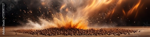 Abstract background, burst of fire and smoke, coffee bean roasting concept. Background for social media banner, website and for your design, space for text. 