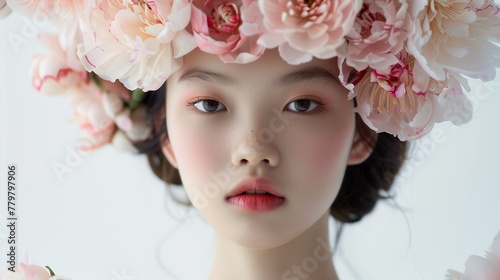 /imagine A radiant portrait of a young Chinese girl with a crown of blooming peonies, each petal enhancing her youthful allure against a clean white background.