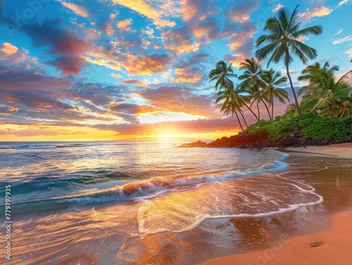 Beautiful Beach Vacation: Swimming in Clear Aqua Blue Ocean with Colorful Sunrise Sky and Green Palm Trees