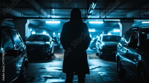 Car Theft in an Abandoned Parking Structure with blue light and shadow figure photo