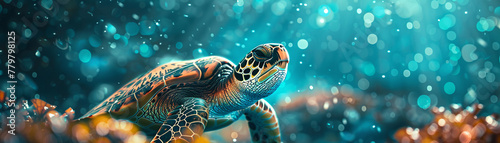 Giant Turtle, Sea weed shell, Ocean protector, Collecting plastic, Bioluminescent algae, 3D render, Underwater lighting, Depth of field bokeh effect photo