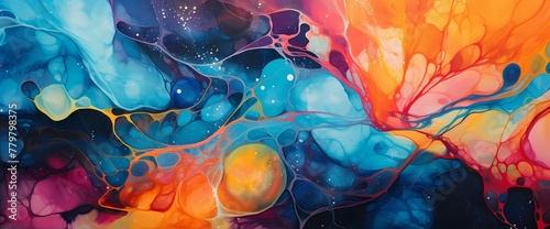 Glittering particles dance amidst bursts of radiant hues, adding an extra layer of charm to this mesmerizing marble ink abstract composition.