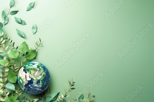 Earth Day concept, illustration of planet earth with green branches on light green background, copy space, holiday banner on ecology themes, top view photo