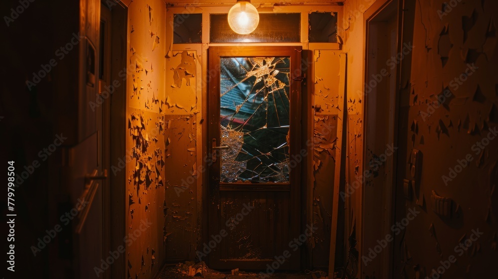 Broken Doorway in a Dark Hall, flickering light bulb Crime scene