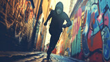 A masked thief running through a graffiti alley