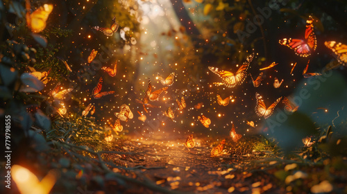 A forest scene with many butterflies flying around