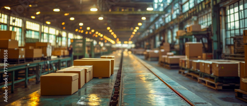 A large warehouse with boxes on conveyor belts