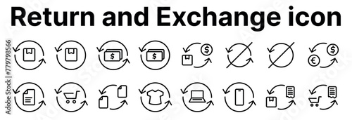 This set of linear icons presents various aspects of finance and the exchange of goods or currency. A round arrow indicates an exchange or return.