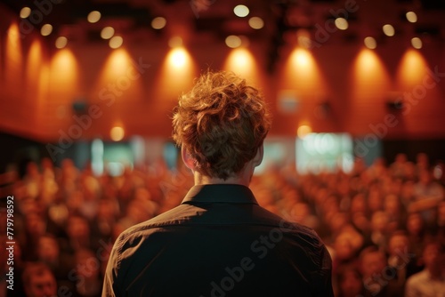 Rear view of a confident speaker at a podium facing a large, attentive audience in a conference hall.