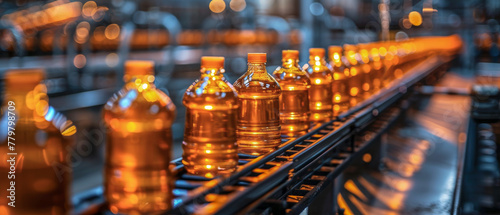 Close up bottles of a beverage are being produced on a conveyor belt