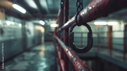 A pair of handcuffs dangle from a rusted metal railing, cold steel chains clinking photo
