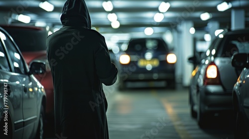 a car thief hotwiring a vehicle in parking garage at night photo