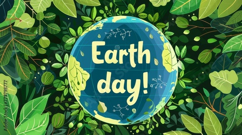 Earth Day poster background with green leaves and branches around the planet Earth, illustration, top view