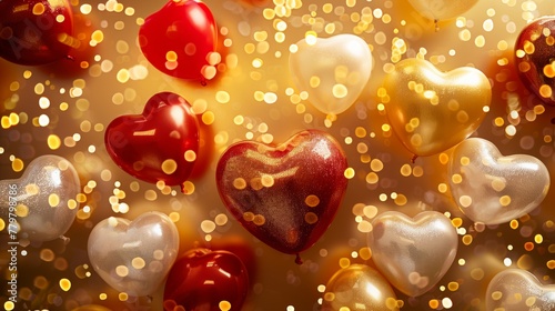 Festive heart-shaped balloons with golden sparkling bokeh lights