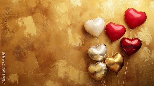 Metallic heart-shaped balloons on a textured golden background