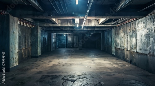an abandoned underground parking lot with concrete walls  visible piping and a cracked floor