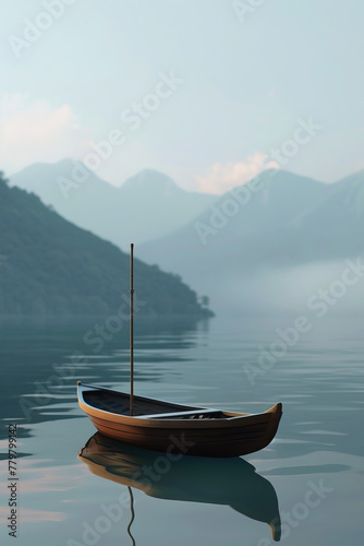 A small boat is floating on a lake with mountains in the background © Wonderful Studio