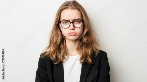 Young woman in office suit unhappy with her career photo