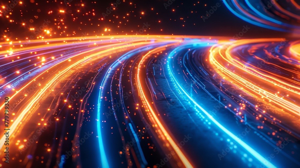 3D render abstract background with neon light lines speed, in the style of neon blue and neon orange 3D render abstract background with neon light lines speed, in the style of neon blue and neon orange