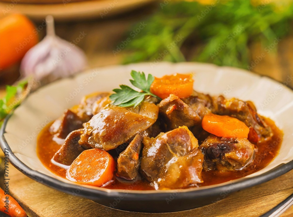 Savory Chicken Gizzards Stewed with Carrots in Rich Sauce on Rustic Wooden Table closeup Savory Chicken Gizzards Stewed with Carrots in Rich Sauce on Rustic Wooden Table closeup