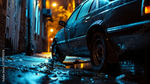 a parked car on a wet street at night, with blue streetlights creating a moody atmosphere and reflections on the glossy surface. © พงศ์พล วันดี