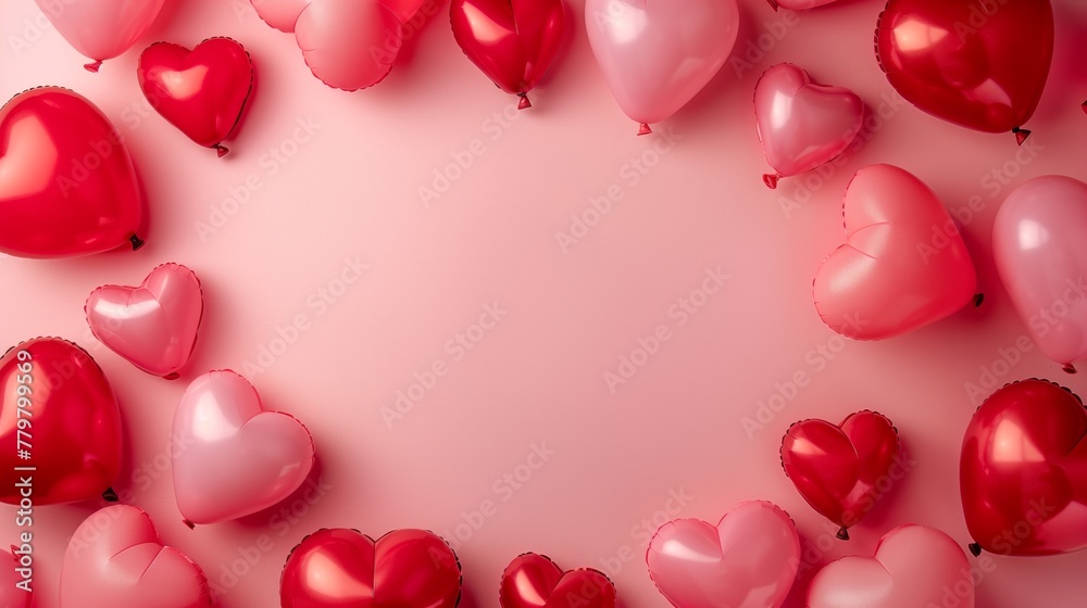 Assorted red and pink heart-shaped balloons on a pink backdrop