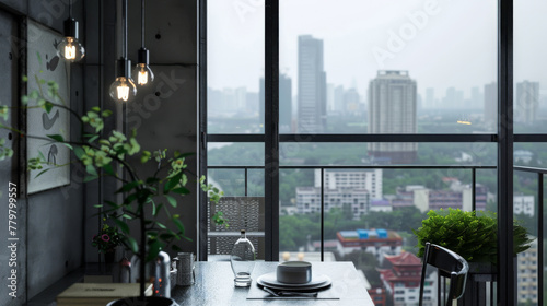 Apartment cityscape view interior design room with grey concrete walls, modern furniture, , hanging lights, and smal plant photo