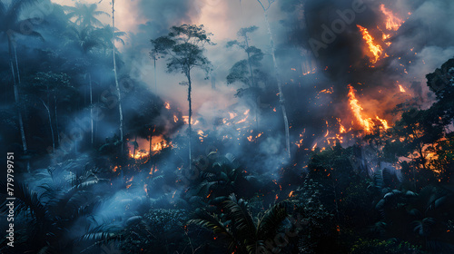 Großer Waldbrand bei Nacht, Regenwald in Flammen, Brandrodung im Regenwald, Starkes Feuer im Wald, Auswirkung auf das Klima   photo