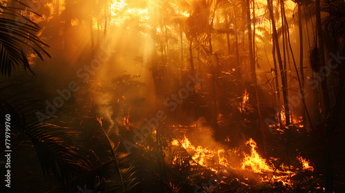 Gro  er Waldbrand bei Nacht  Regenwald in Flammen  Brandrodung im Regenwald  Starkes Feuer im Wald  Auswirkung auf das Klima  