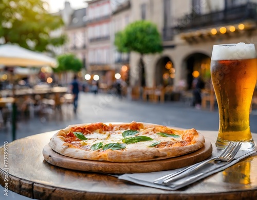 A pizza and a glass of cold beer on the small table outside a bistro in a Parisian-style city at dusk.