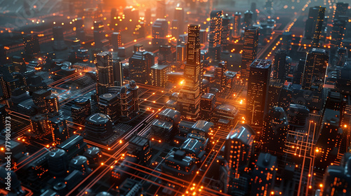 A cyberpunk cityscape filled with interconnected digital circuits and mechanisms,