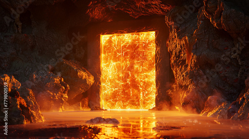A digital interpretation of a door encased in molten lava, photo