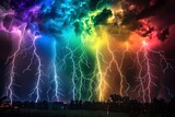A rainbow-colored cloud in the sky sparking with lightning, creating a striking and unusual natural phenomenon
