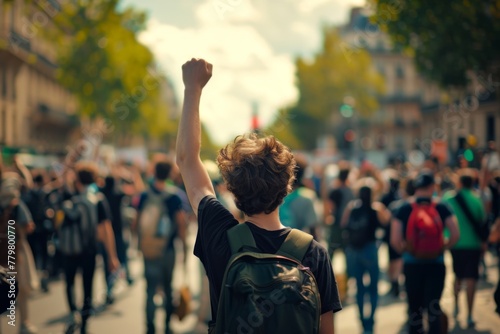 Rear view of a young activist with a raised fist during a calm protest on a sunny day, embodying the spirit of freedom and change. © Anton Gvozdikov