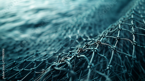 Close-up fishing net, sea background, marine equipment