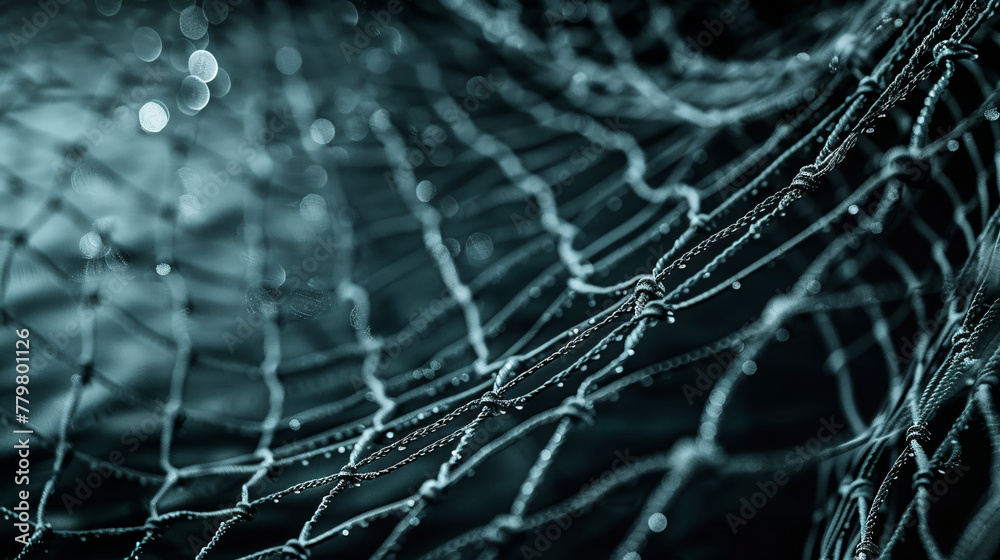 Close-up fishing net, sea background, marine equipment Close-up fishing net, sea background, marine equipment
