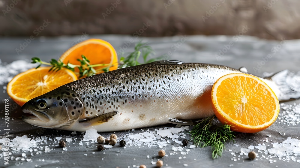 Fresh trout with lemon and herbs on a white background Fresh trout with lemon and herbs on a white background