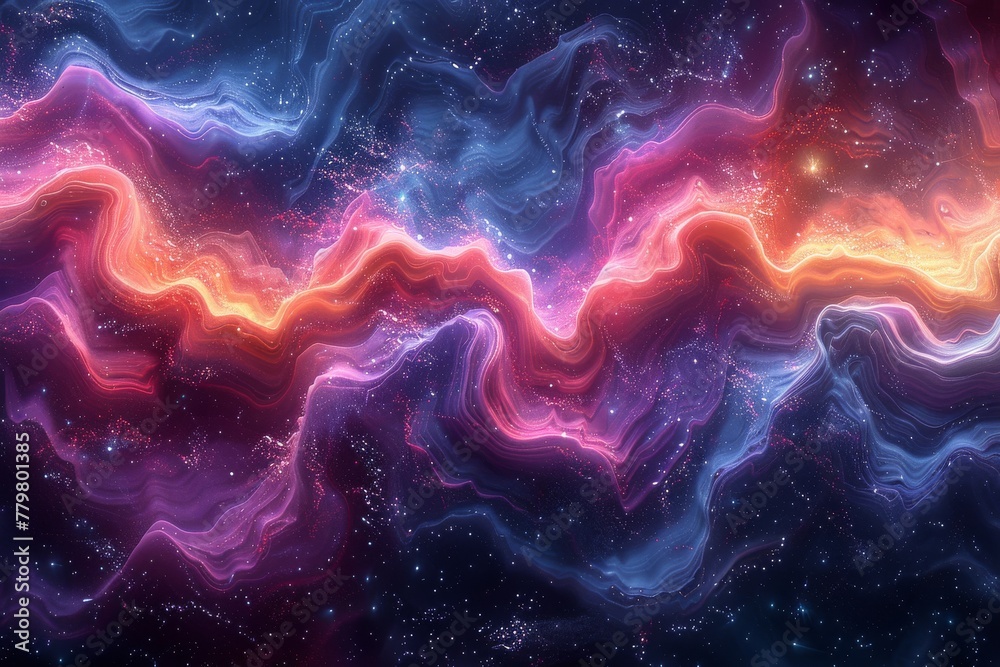 Vibrant abstract image featuring waves of neon colors with a subtle starry background suggesting cosmic energy