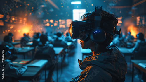 Virtual Classroom, holographic teacher, students in VR headsets, interactive lesson on floating screens, digital books Realistic, futuristic lighting, depth of field bokeh effect photo