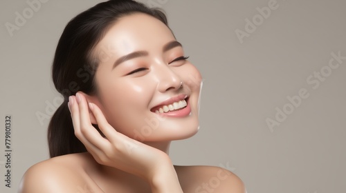 Portrait of Beautiful Skin care woman enjoy and happy,touching her face,isolated with clipping path.