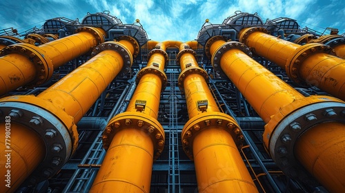 Industrial elegance: Yellow pipelines and valves against a clear sky