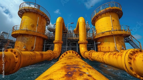 Aesthetic of industry: Vibrant yellow pipes and valves under blue skies