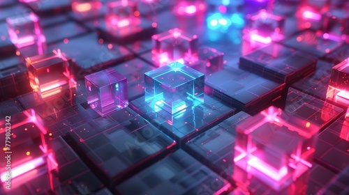 3D render of glowing neon octahedrons arranged in a grid
