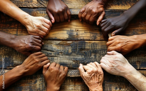 DEI theme,hands from different ethnicities, hold each other in unity and support on an old wood.